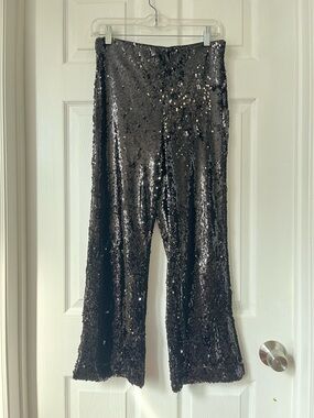 House Of Harlow 1960 Womens Black Sequin Wide Leg High Waist Pull On Pants Sz S